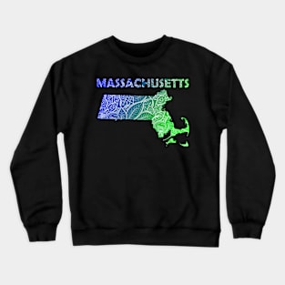 Colorful mandala art map of Massachusetts with text in blue and green Crewneck Sweatshirt